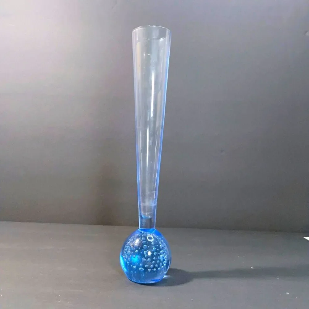 Vtg Clear Blue Fluted Bud Vase Controlled Bubbles Paperweight Bullicante Denmark
